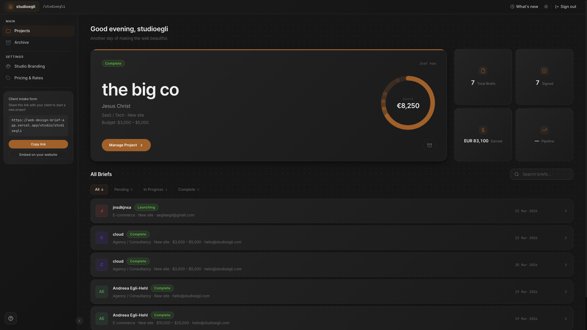 debrieft dashboard showing project overview, briefs, quotes, and earnings stats